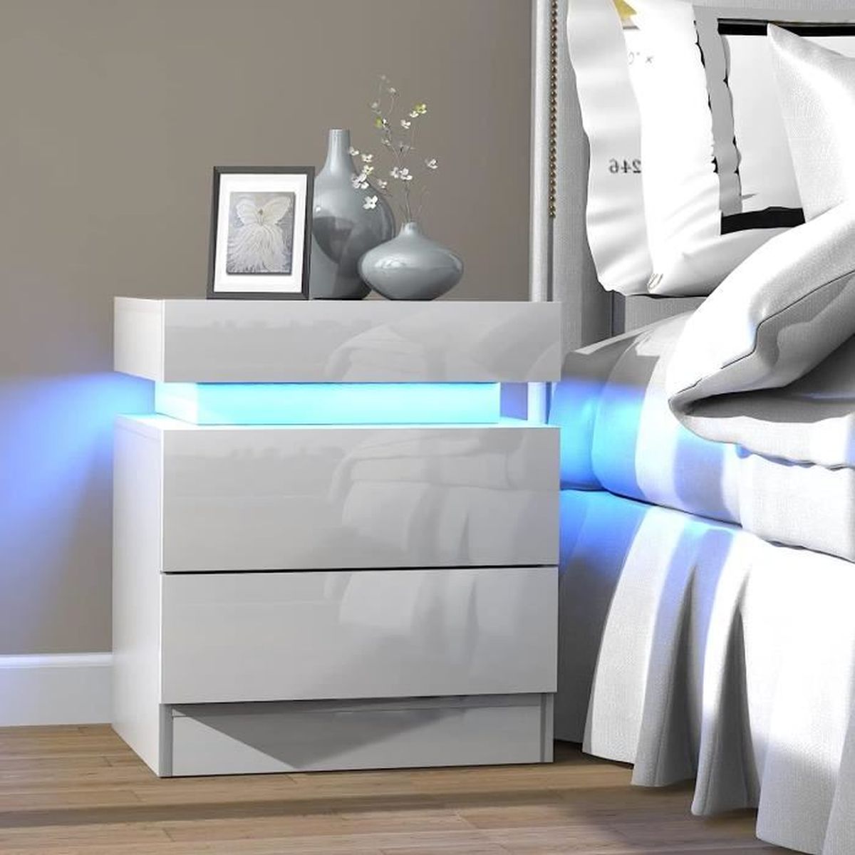 Table De Chevet Blanche Avec Prise USB, LED Réglable Et 2 Tiroirs - Design Moderne 50x40x58 Cm Pour Chambre Ou Salon