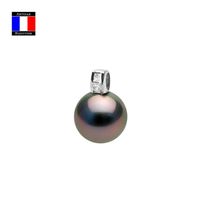 Compagnie Générale des Perles - Pendentif Diamants 0.04 Cts Véritable Perle de Tahiti Ronde 10-11 mm Or Blanc 18 Cts - Bijou Femme
