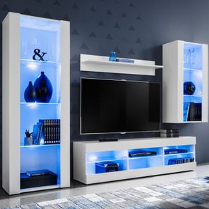 MEUBLE TV Meuble TV Tivoli Set Medio Komodee - LED bleues - Blanc Mat & Blanc - Façades en Mat - L~195cm x H~159cm x P35cm