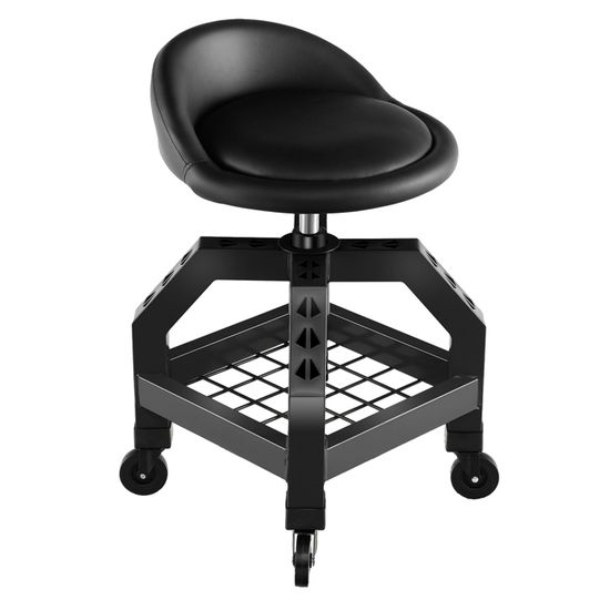 GYMAX Tabouret D'Atelier à Roulettes Rouge - Siège Réglable 57-70cm, Pivotant 360°, Avec Porte-Outils Pour Mécanicien