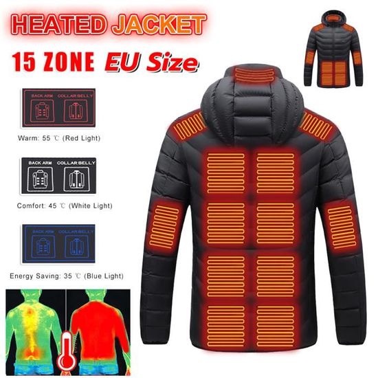 Veste Chauffante Homme 12000mAh 6 Zones Chaleur - Blouson Ski Polaire Imperméable Capuche