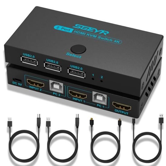 Commutateur KVM HDMI 4K@60Hz USB 2.0 - Contrôlez 2 PC Avec 1 Écran, Clavier, Souris Et Périphériques !