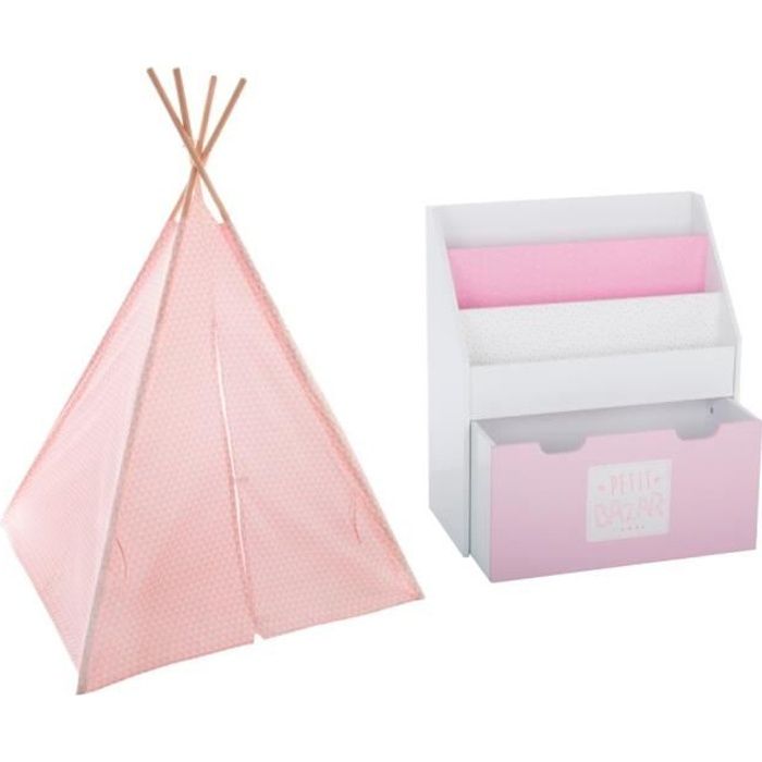 Tipi décoration rose H160 pour enfant + Bibliothèque rose avec bac de rangement sur roulette