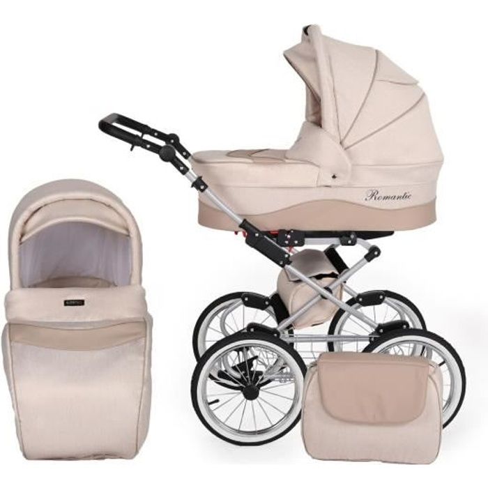 Solenzo - Poussette combinée 3 en 1 rétro crème avec cosy + ombrelle offerte