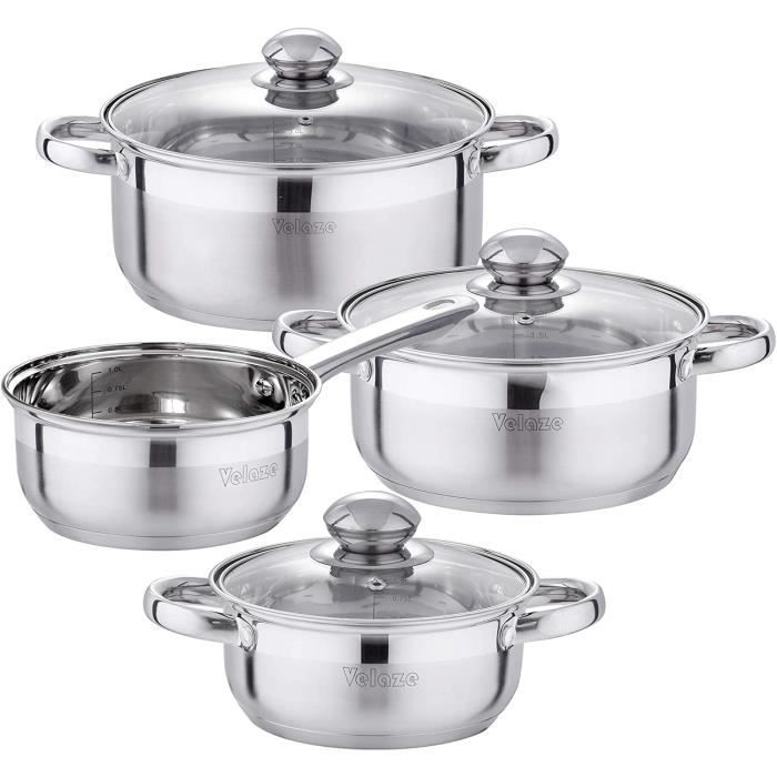 Velaze Casserole Cuisine, Set Casseroles en Acier Inoxydable Induction, Série Dylan de 7Pcs, Marmites et Cocottes, Anti-adhésif avec