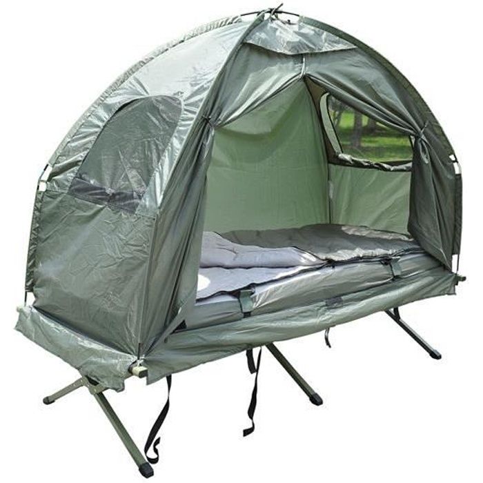 Lit de camp avec tente, sac de couchage et matelas gonflable