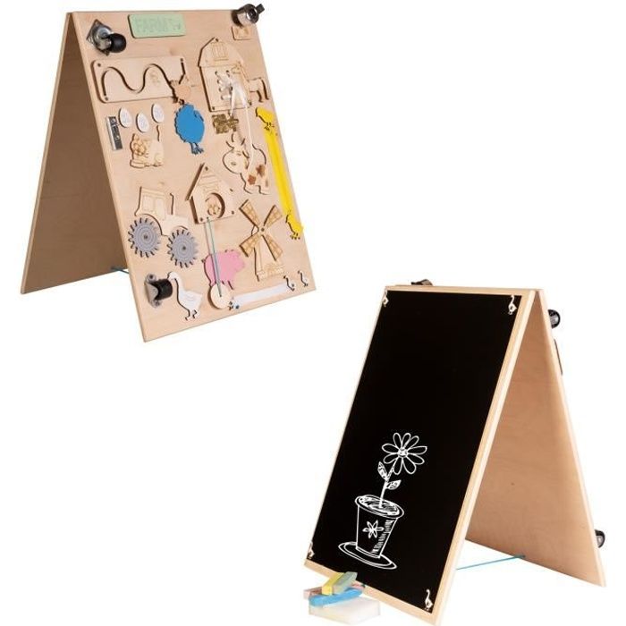 LEO Tableau d'activité sensoriel Montessori busy board en bois autoportant double face Naturel Ferme 50 cm