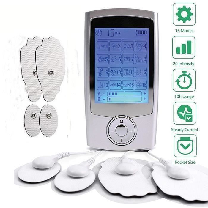 Électrostimulateur Tens Rechargeable Antidouleur Stimulateur Musculaire avec 16 Modes, 4 Électrodes pour Massage Tension Musculaire