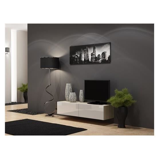 Meuble tv design suspendu Vito 140cm bois et blanc