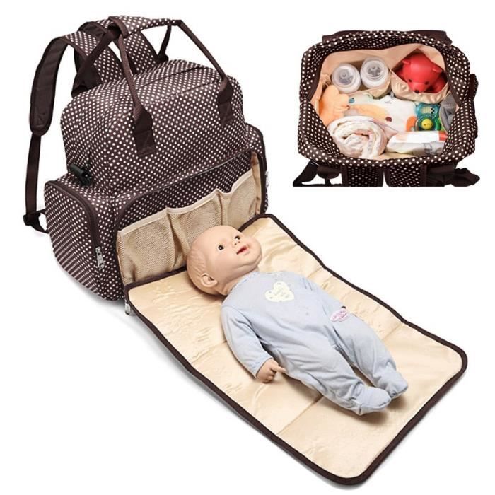 Sac à Langer Multipoches avec Poignée Bandoulière avec Matelas étanche Grande Capacité Confort Café