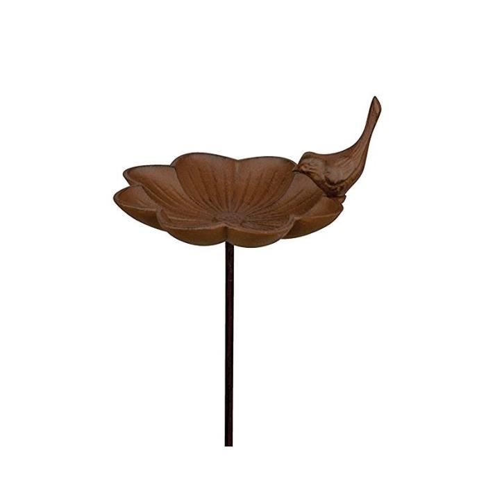 Bain à Oiseaux Abreuvoir Mangeoire Perchoir sur Pique Forme Fleur avec Oiseau en Fonte Patiné Marron 13.5x13.5x77cm
