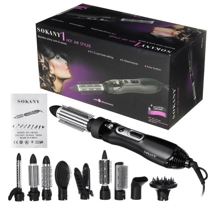 SOKANY Brosse Lissante Chauffante Ionique 9en1 1000W Sèche-Cheveux Bigoudi Peigne à Friser Lisseur Professionnel