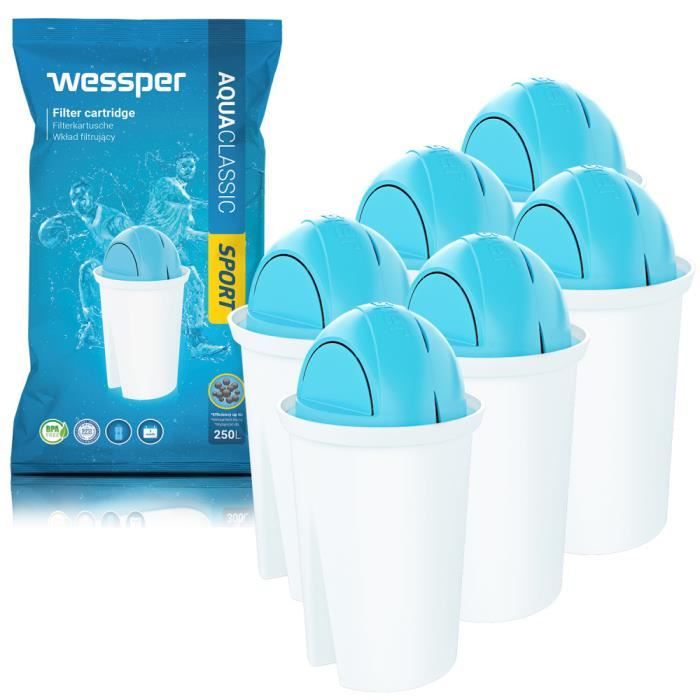 Wessper® AquaClassic Sport Cartouche Filtrante pour Carafe - Compatible avec BRITA Classic, Aqua Optima, PearlCo, AquaCrest – Pack 6