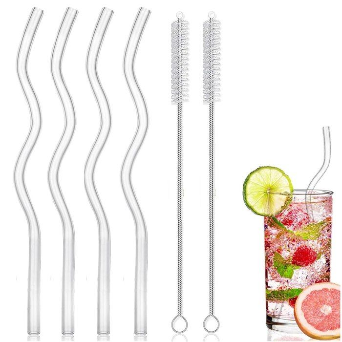 Lot De 10 Pailles En Verre Borosilicate - 5 Droites + 5 Courbées, Avec 2 Brosses