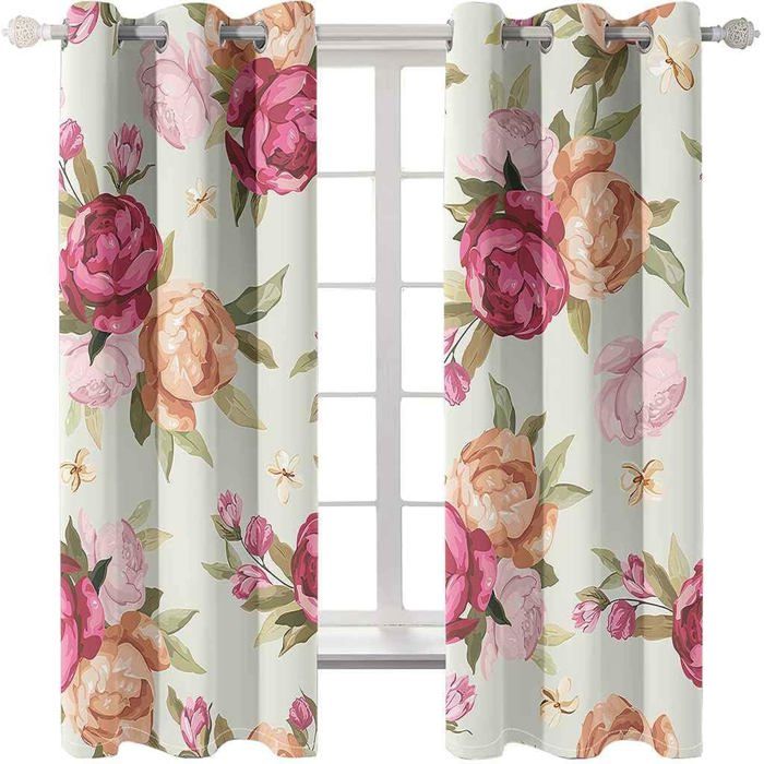 Rideaux Occultants 3D Impression Fleurs - 2 Pièces 140x245 Cm - Isolant Thermique Et Anti-Bruit - Polyester