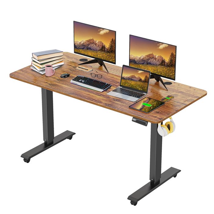 bureau assis debout electrique-homdox-140x60x(73-118)cm table ergonomique réglable en hauteur avec avec roulettes jusqu'à 80kg brun