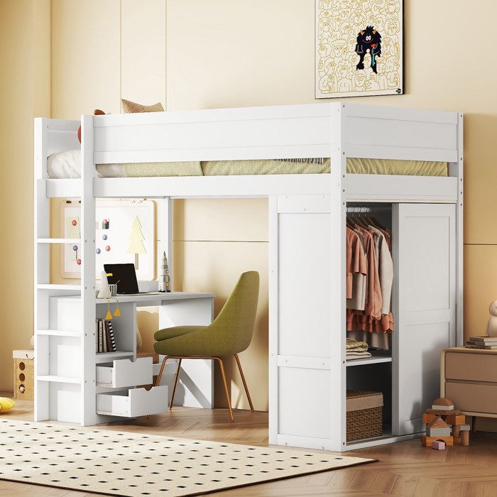 Lit mezzanine 90x200 cm avec équipé d'armoire et bureau, lit mezzanine 1 place avec sommier à lattes et tiroirs, bois massif, blanc