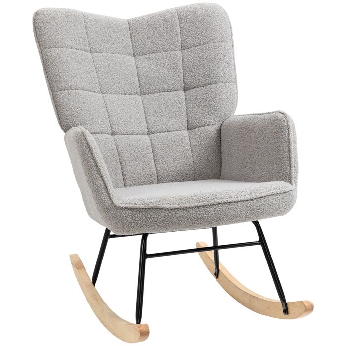 Fauteuil à bascule - HOMCOM - revêtement bouclette - structure en acier - pieds en bois massif - Gris clair