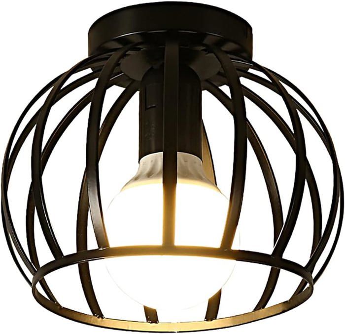 Plafonnier Vintage Plafonnier Semi-encastré Noir Abat-jour de Plafond à Cage en Métal Avec Support E27