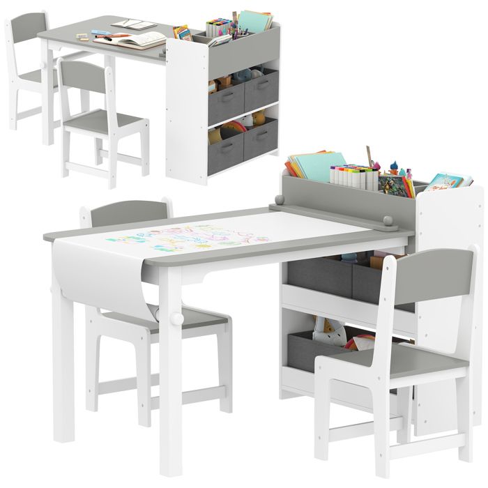 Ensemble table et 2 chaises enfant - AIYAPLAY - en bois - rouleau de papier étagères et tiroirs - pour fille garçon 3-8 ans - gris