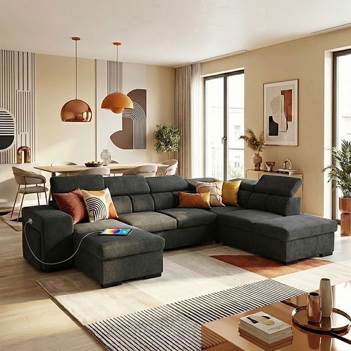 SIRIUS Canapé dangle panoramique convertible light black (tissu lisse) - Taille XL - 6 places - 334 x 219 x 94