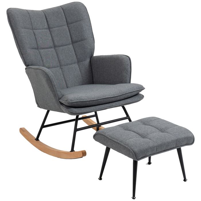 Fauteuil à bascule avec repose-pieds - HOMCOM - assise large dossier haut coussin inclus - tissu aspect lin - 64x89x90cm - gris