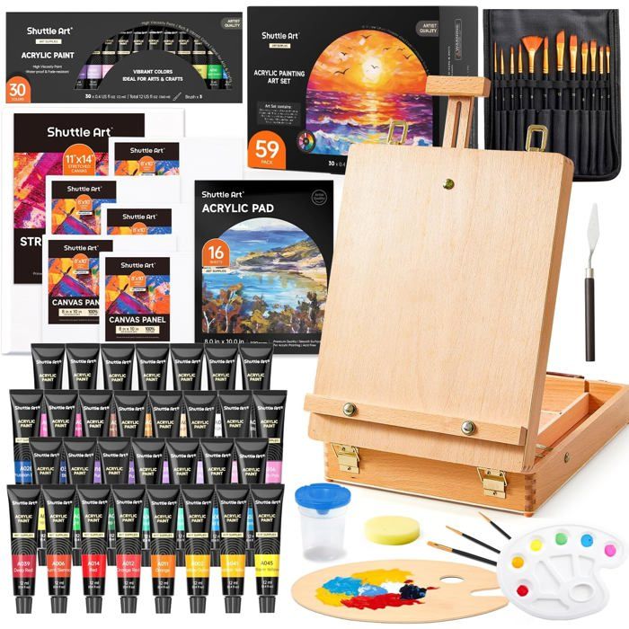 Shuttle Art 59PCS Coffret Peinture Acrylique, Inclus 30 Couleurs de Peinture Acrylique avec Chevalet Peinture, Toile, Pinceaux, Palette, Kit Peinture Complet pour Enfants, Adultes, Artistes