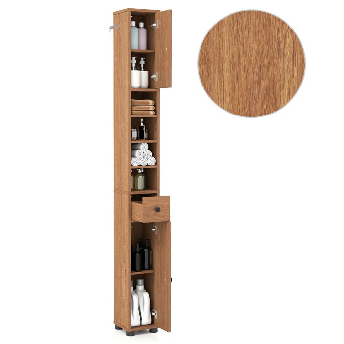 COSTWAY Meuble Colonne de Salle de Bain avec 2 Placards à Porte 1 Tiroir et 4 Étagères Réglables 20 x 20 x 180 cm Nature