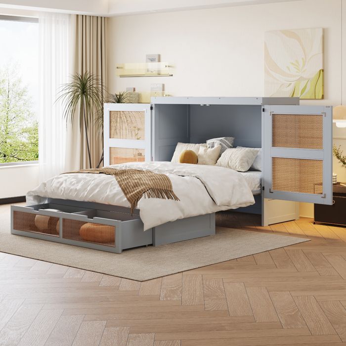 Lit escamotable - 140 x 200 cm vertical - Sommier à lattes - Tiroirs et rangement - Gris rotin