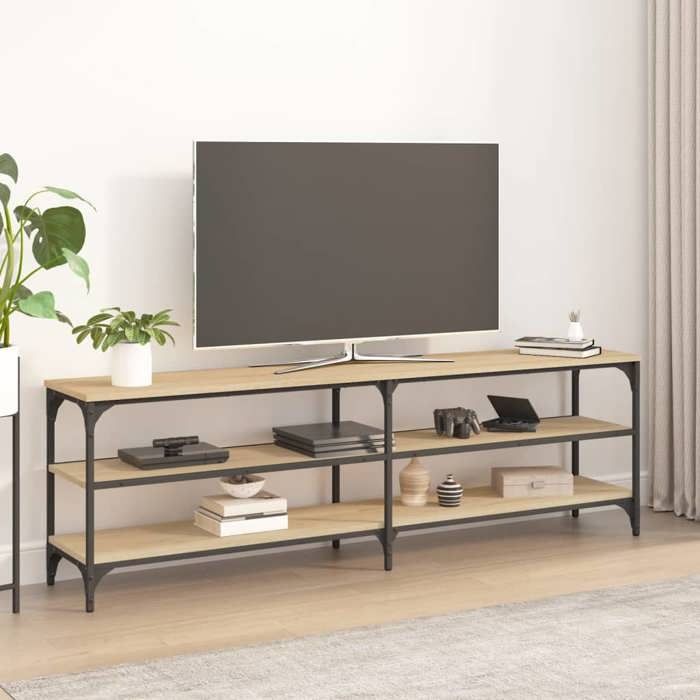 Meuble TV industriel - vidaXL - 160x30x50 cm - Chêne sonoma - Bois dingénierie - 3 étagères ouvertes - Cadre en fer