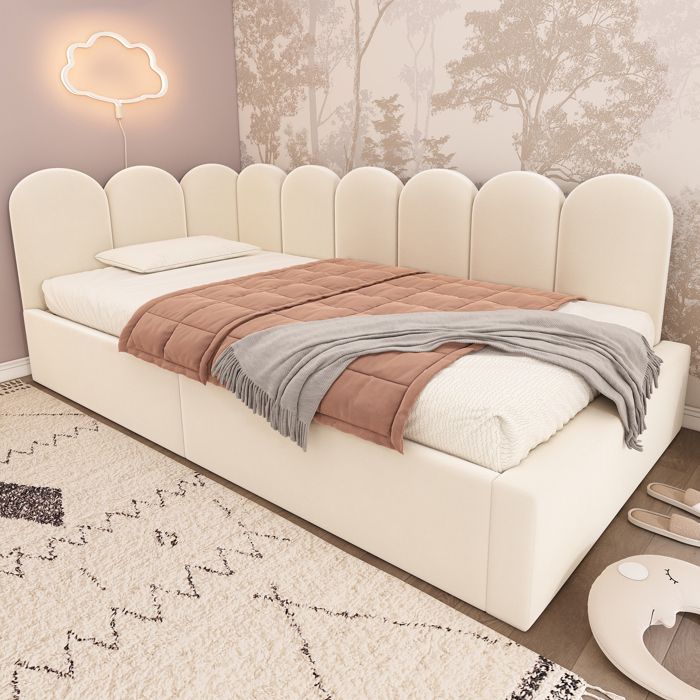 Lit banquette FloraGrace AB20201314B 90x190 cm en velours beige avec coffre hydraulique et sommier métallique – style ludique