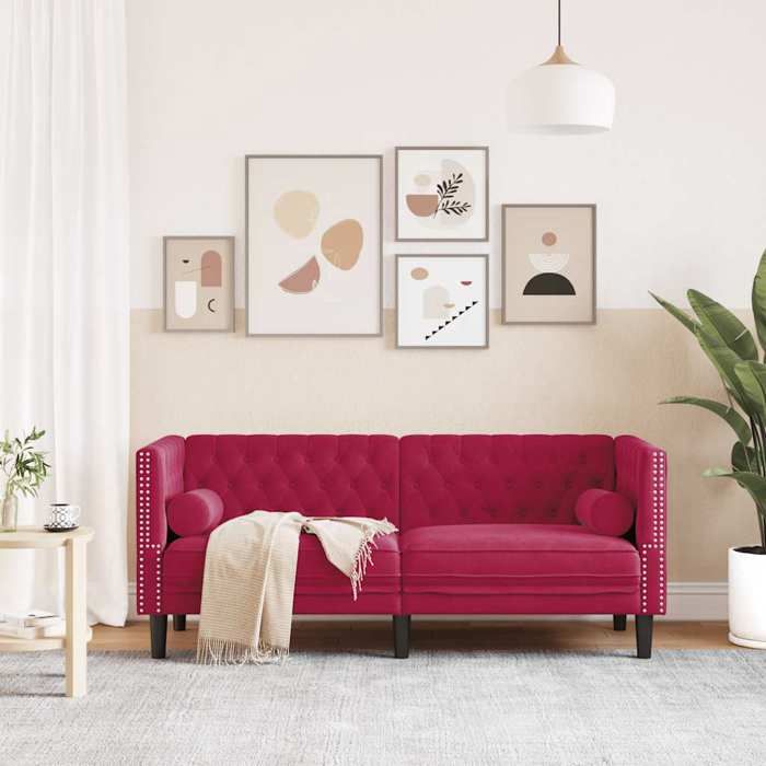 Canapé Chesterfield 2 places - MANGO - Velours - Rouge bordeaux - 174x745x705 cm - Traversins inclus - Boutons tuftés