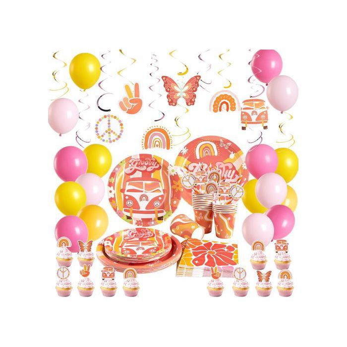 Kit Décoration Anniversaire - EASY JOY - Arc-en-ciel Bohème - 16 Personnes - Vaisselle Jetable - Ballons