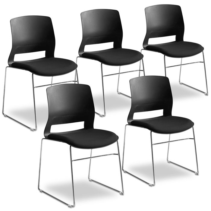 Lot de 5 Chaises bureau visiteur Noire – Empilables - Coque polypropylènes et assise tissu – Pied fil acier chromé rigide