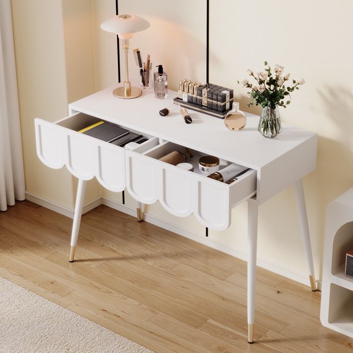 Coiffeuse Blanche Moderne avec 2 Tiroirs Pieds en Métal – Blanche 100 x 40 x 76 cm Coiffeuse Blanche Moderne avec 2 Tiroirs Pieds en Métal – Blanche 100 x 40 x 76 cm