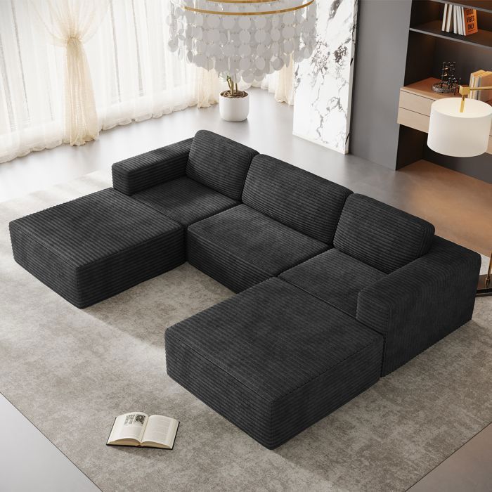 Canapé 3 places d'angle modulable en Velours Côtelé,avec 2 pouf et 3 ...