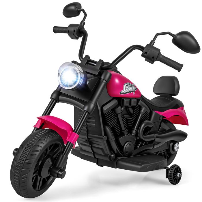 Moto Électrique Enfant 3 Ans+ COSTWAY 6V 45 Ah Batterie Rechargeable Roues Amovibles dEntraînement Musique Phares LED Rose