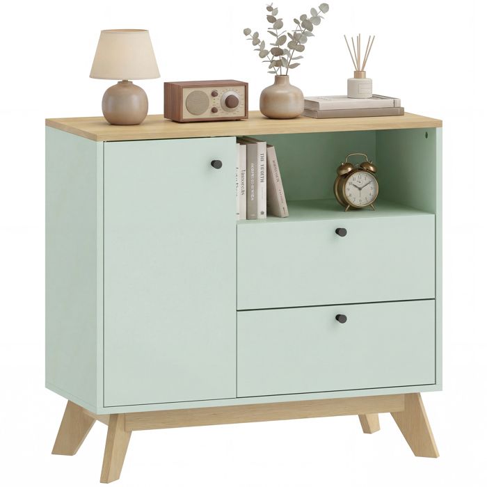 Buffet salon - HOMCOM - porte 2 tiroirs compartiment ouvert et étagère réglable - MDF - 80 x 35 x 763 cm - vert clair et chêne