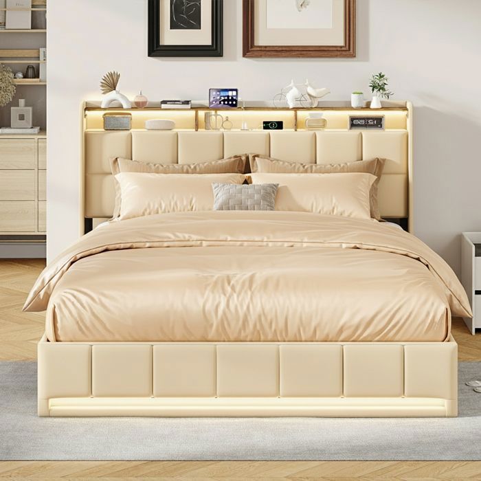 Lit 140x190 cm DRELYGWEA lit deux places LED sommier à lattes coffre de lit lit adulte 140x190 tissu lin beige