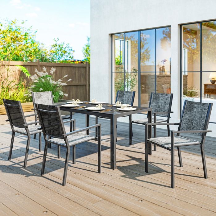 Table de jardin extérieure avec 6 chaises empilables plateau à lattes 150 cm structure en acier anti-rouille noir