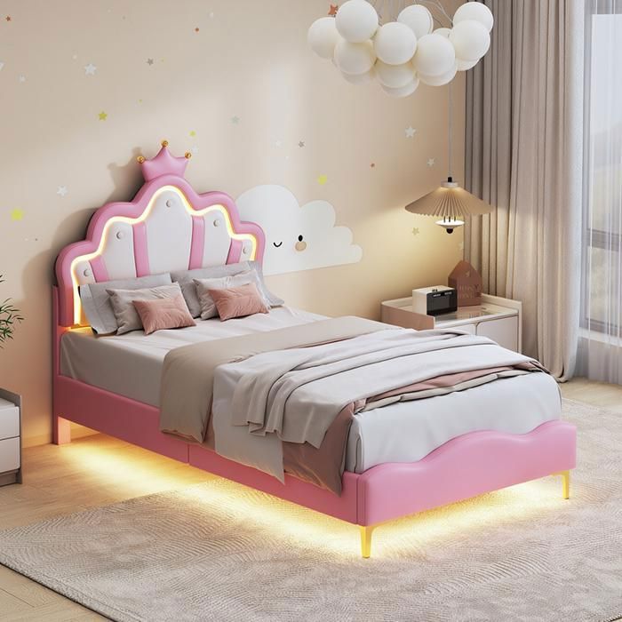 Lit 1 Place 90x200 cm Simili Cuir Rose Bande LED Sommier à Lattes Chambre Enfant