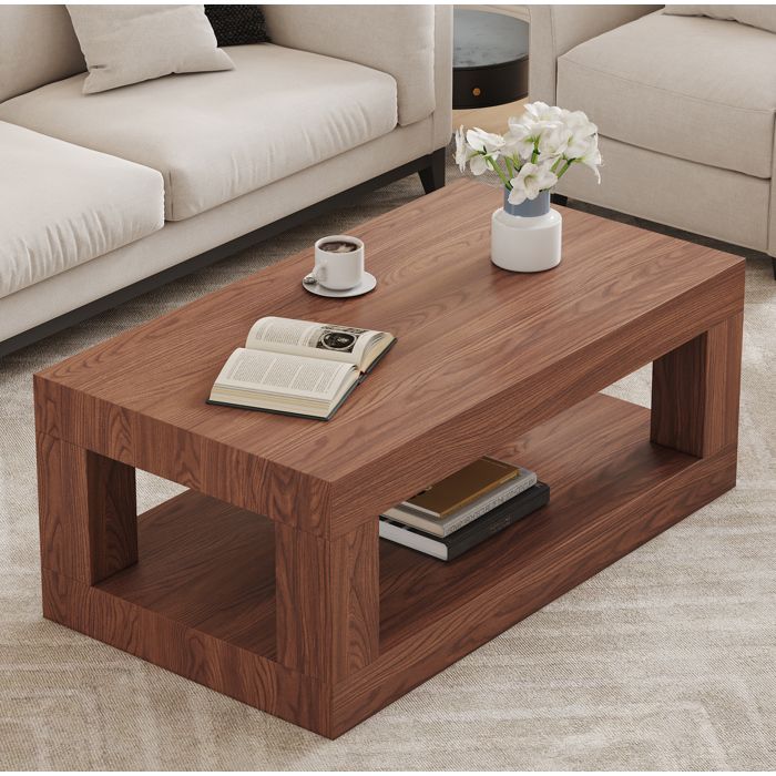 Table basse rectangulaire noyer 2 niveaux plateau MDF style industriel rangement ouvert
