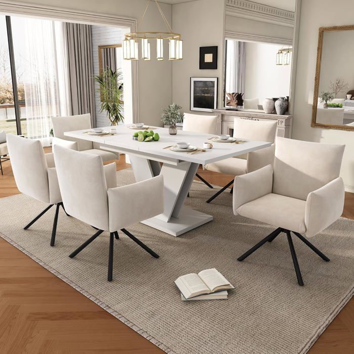 Ensemble de salle à manger - table extensible 120/160x80cm+6 chaises- pieds en V-revêtement velours-table blanche et chaises beiges