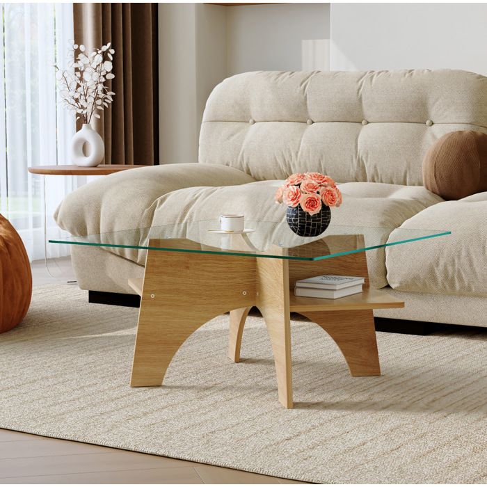 Table basse carrée en verre sécurit et MDF finition bois clair