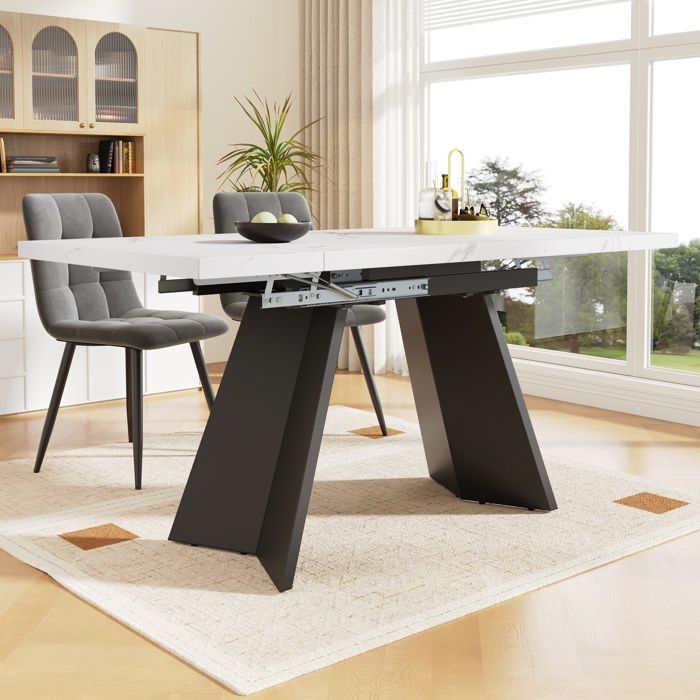Table à manger extensible blanche effet marbre avec pieds en métal noir