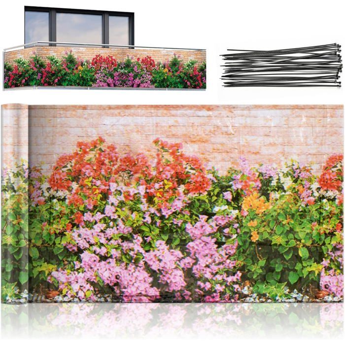 Brise-vue balcon - VETOBIOL - Motif fleurs colorées - Protection contre le vent - Haute résistance UV