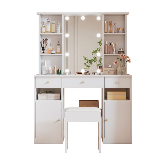 Table de maquillage LED ajustable avec miroir 3 tiroirs 2 portes et tabouret chambre blanche H151xB110xP40 cm