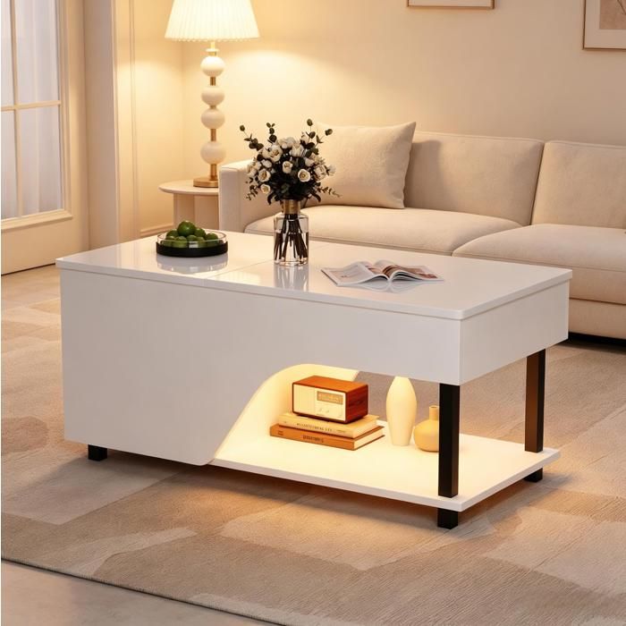 Table basse relevable avec rangement caché étagères réglables et LED - YEAVIO - Laquée blanche 100×50×46 cm