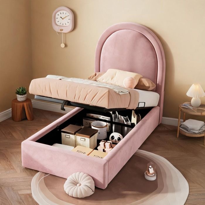 Lit enfant avec coffre et matelas 90x200 cm - Velours rose sommier hydraulique