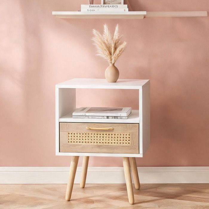 Table de chevet en MDF blanc et cannage rotin tiroir silencieux et pieds bois 40x30x55 cm style contemporain